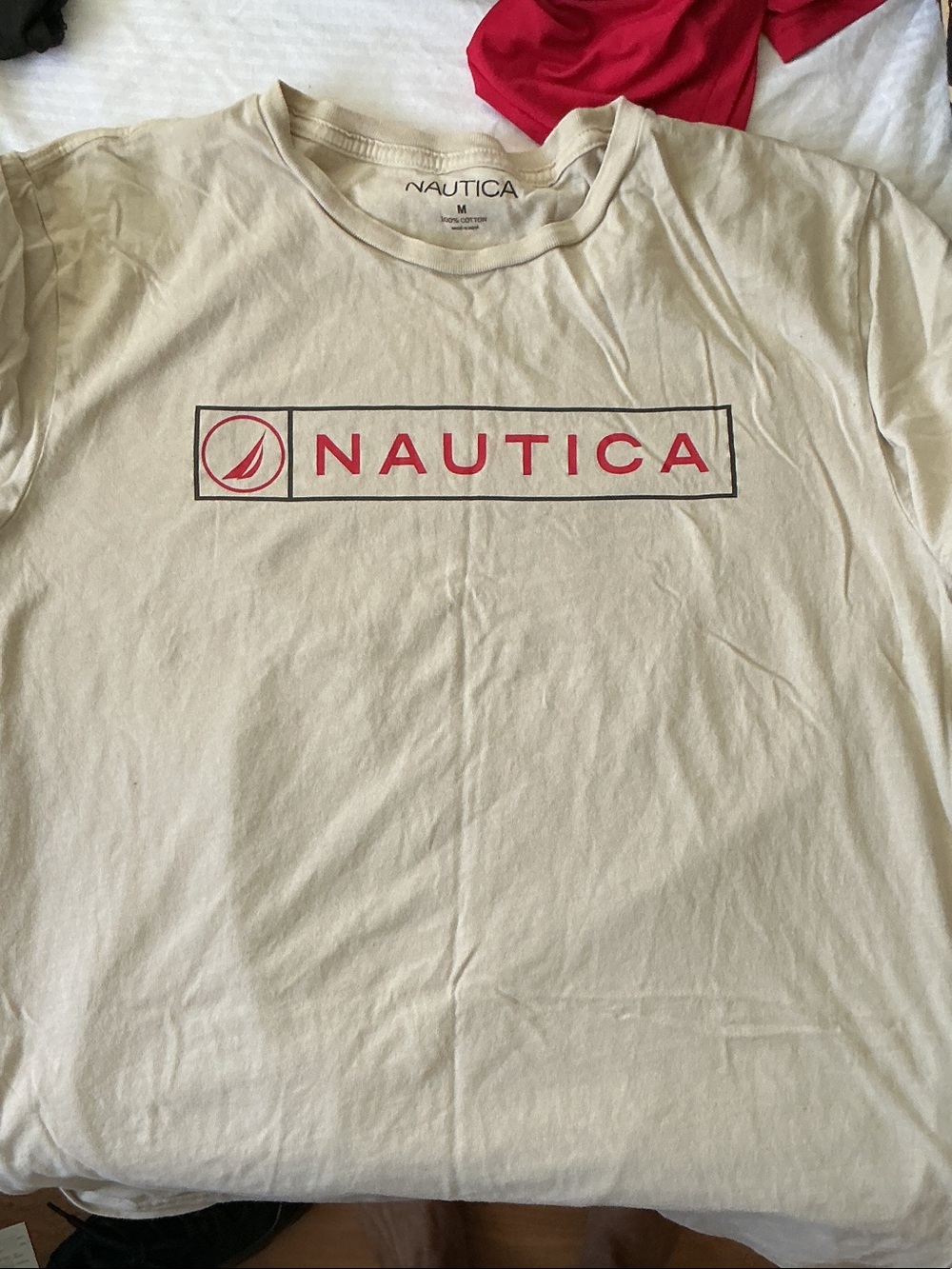 Nautica Beige Crewneck Tee with Red Logo